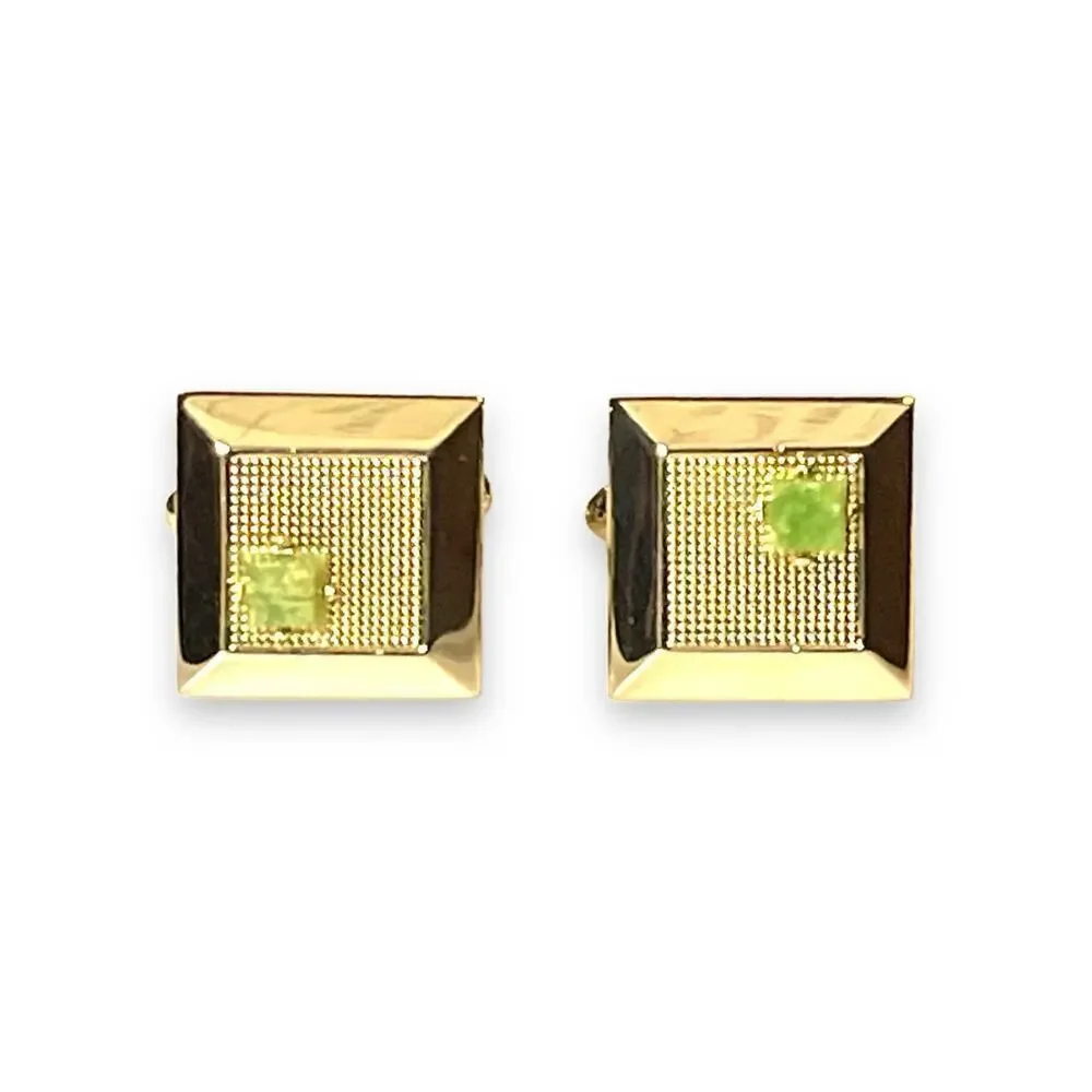 Vintage Dante Cufflinks Gold Tone Jade Stone Crosshatch Barrel Box Signed